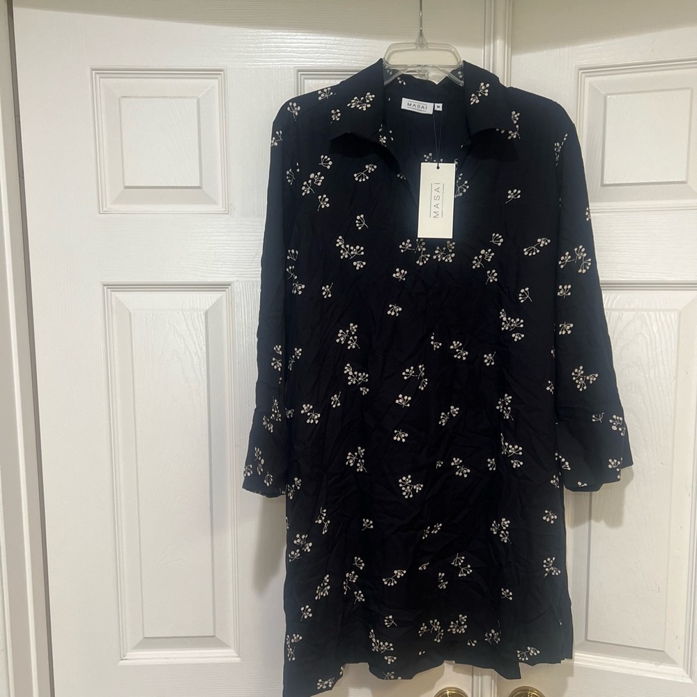 Masai copenhagen Black Tunic Midi Leaves print dress Pockets Size Medium Relaxed